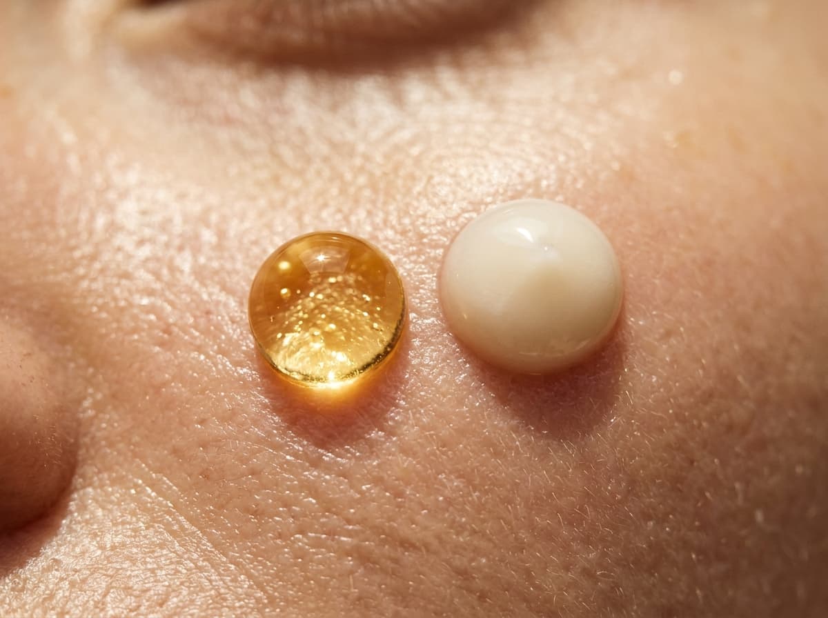 Extreme macro photograph of active lipid serum droplet and pure cream pearl resting on hydrated skin